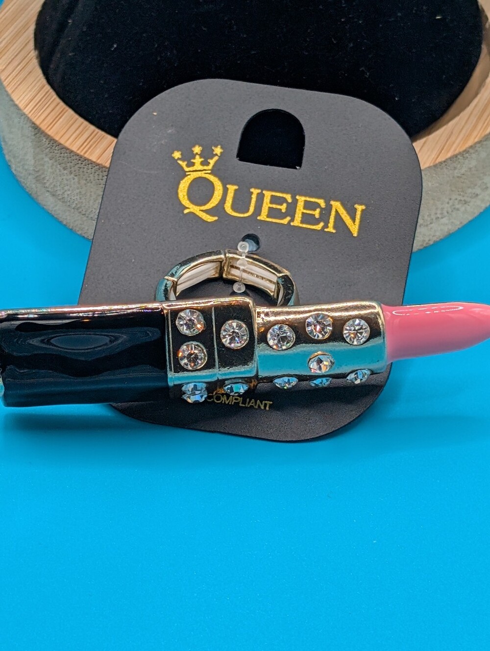 Queen Pink & Black Lipstick Ring with Rhinestones